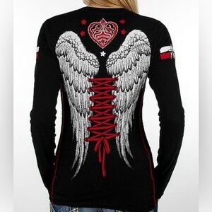 Sinful by Affliction Rare Y2K Angel Wings Rhinestone Heart Lace Top Size Large